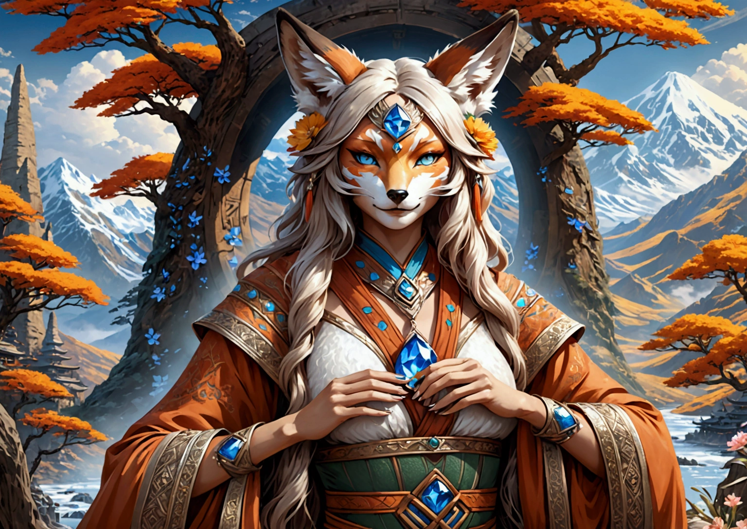 Anthropomorphic feminine kitsune enchantress. Official Art – An Award-Winning Digital Masterpiece In 4K Ultra HD, Extreme Detail And Intricate Realism. Symmetrical Face. This Concept Art Brought To Life By The Hands Of Artists Like Wlop & Artgerm In A Stunning 2D Vector Illustration. Background Is A Panoramic Vista.

