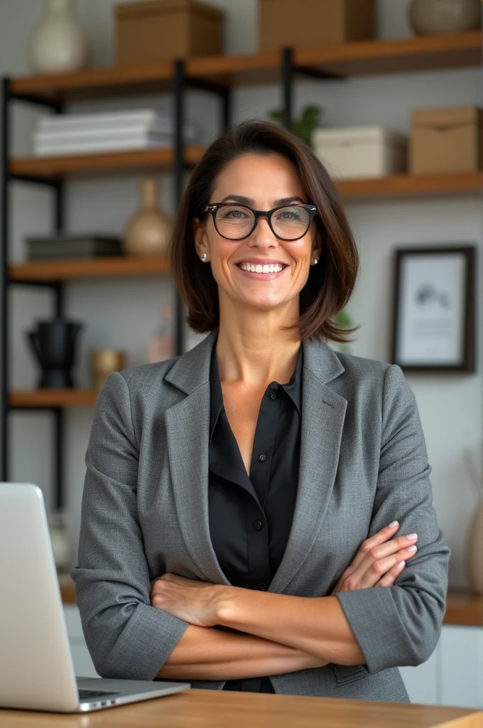 Create a brown woman who sells products on the internet as an affiliate, straight but short hair, Smiling and wearing glasses