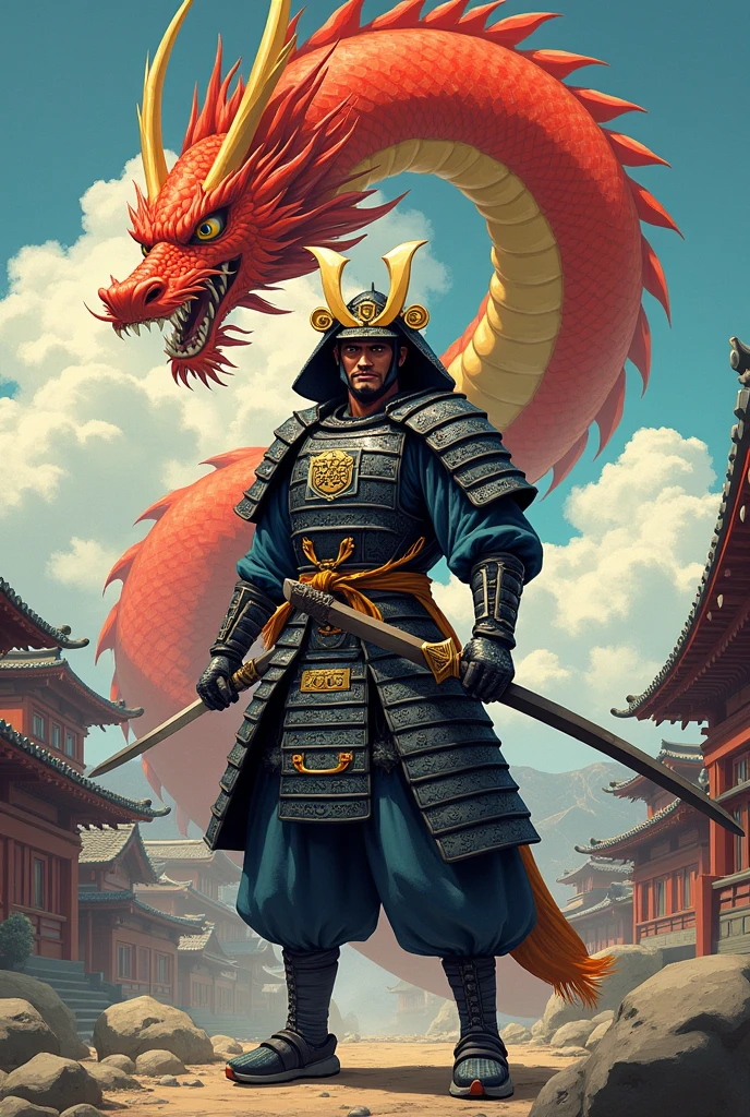 
 a samurai in a war position with a sword in his hand, a red and yellow dragon on the side and in the background an ancient Japanese city, a very colorful drawing