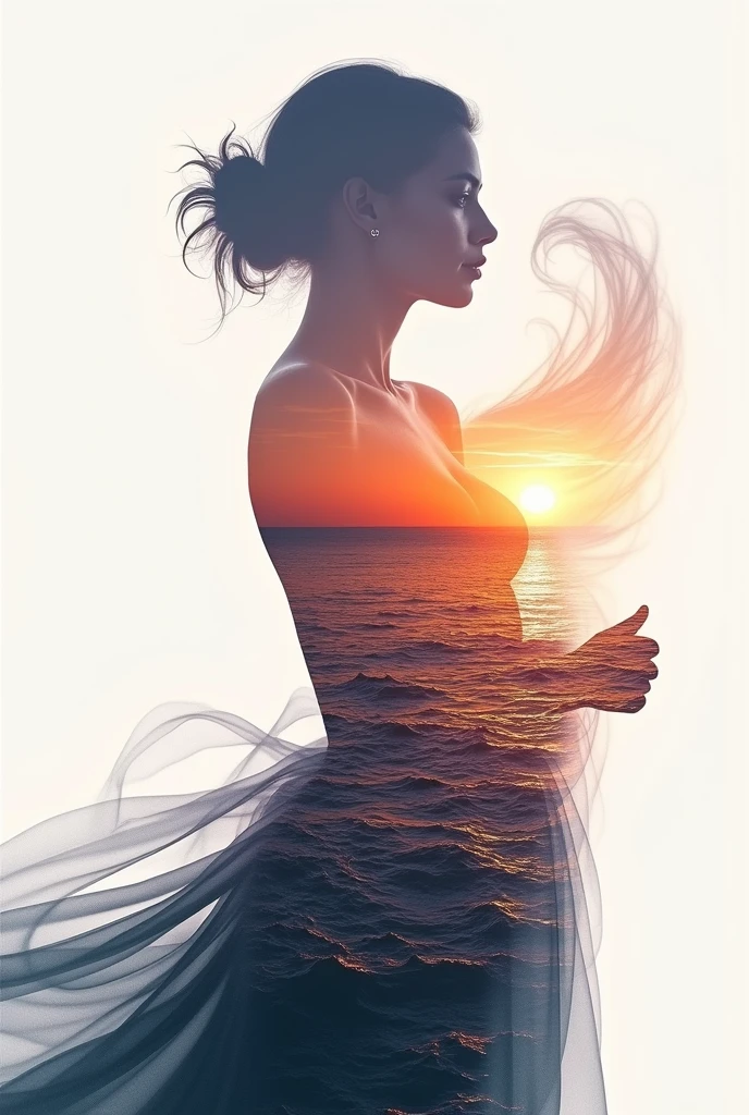 high quality, 8K Ultra HD, A beautiful double exposure that combines an goddess silhouette with sunset coast, sunset coast should serve as the underlying backdrop, with its details incorporated into the goddess , crisp lines, The background is monochrome, sharp focus, double exposure, by yukisakura, awesome full color,