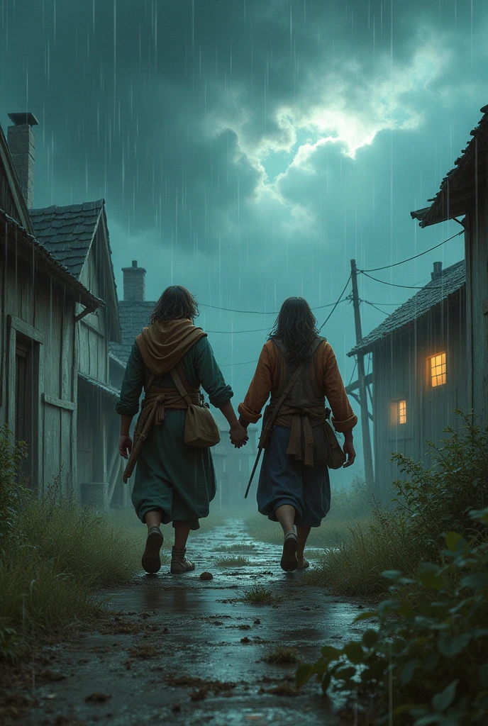 Two friends working together during a storm in a small village: one friend guiding villagers to a safe place while the other secures the crops and property. The storm is intense but the friends' determination is evident."