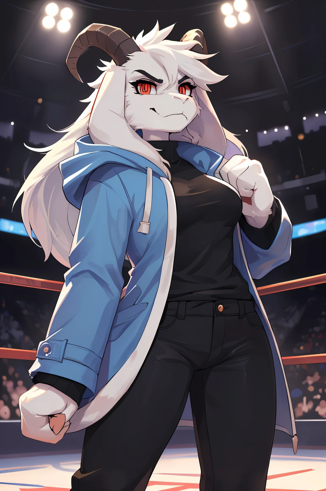 woman,  adult, alone, in an arena, hairy, goat, anthropomorphic goat, Asriel, Undertale ((Asriel Dreemurr)), average breasts, big ass, average hips, perfect body, tall, ((long hair, long white hair ), black eyes ((black sclerae), reddish pupils, ((slit-shaped pupils)), anthropomorphic face, cartoon, angry, Eskimo coat ((blue coat, no drawing, Eskimo coat)), paw metacarpal, black blouse ((black shirt, black pants)), goat's tail, short horns, white horns ((droopy ears, big ears)), black markings on the body (God of Hyperdeath), looking at the viewer, paw goat, anthropomorphic paw, battle stance, combat pose, closed fists, details on the paws, detailed, best quality, best detail, details and quality.