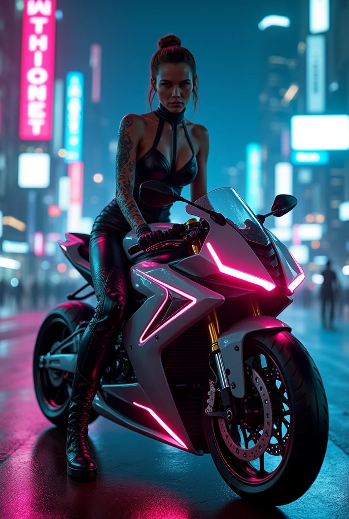faithful image of actress Milla Jovovich dressed in exactly the same outfit as the heroine of the film Ultraviolet, sitting on your high-tech tron motorcycle in an ultra futuristic world
