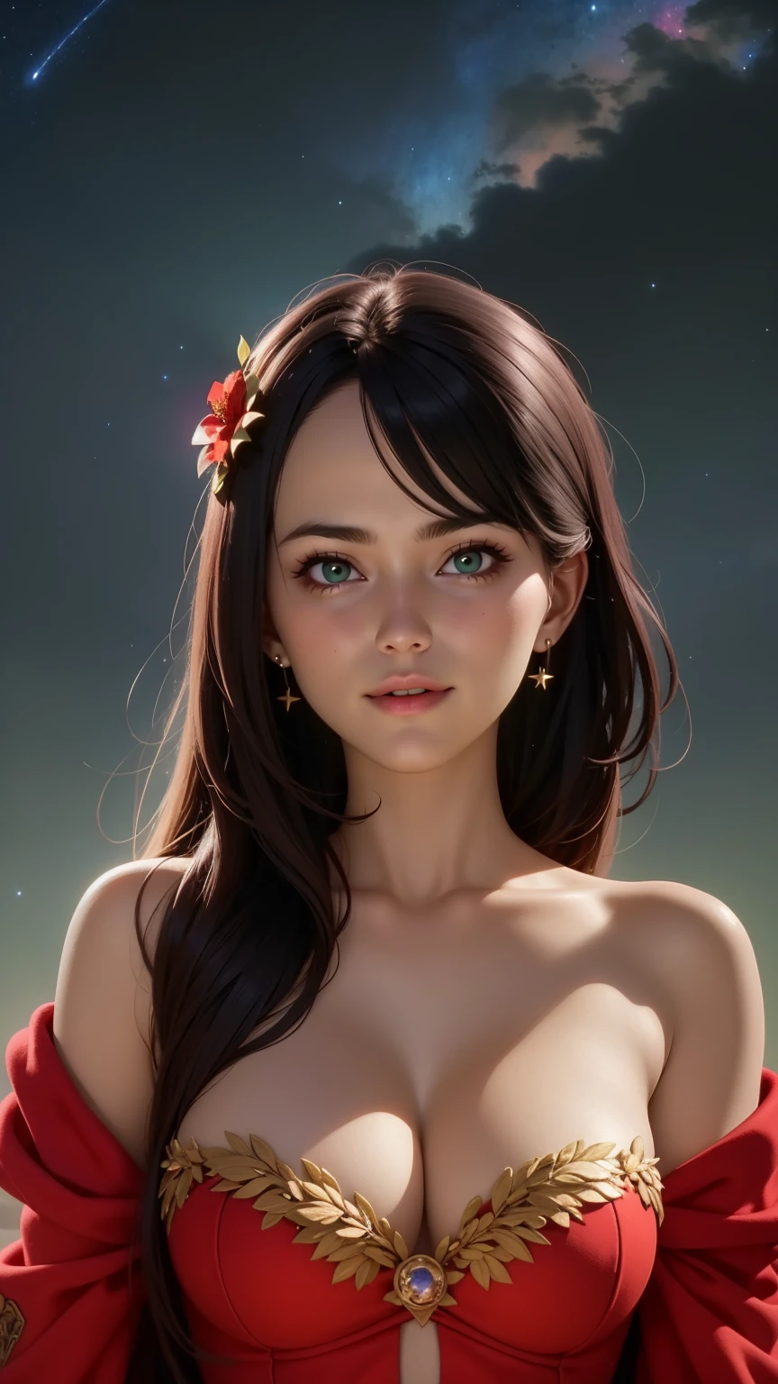 An exceptional pretty female, detailed steampunk red dress, cleavage, fantasy, floral, (symmetrical composition:1.25), (outstanding composition, masterpiece:1.4), (aesthetic:1.2), perfect composition, intricate details, ultra-detailed, night, starry sky, (sky background:1.5), line art style