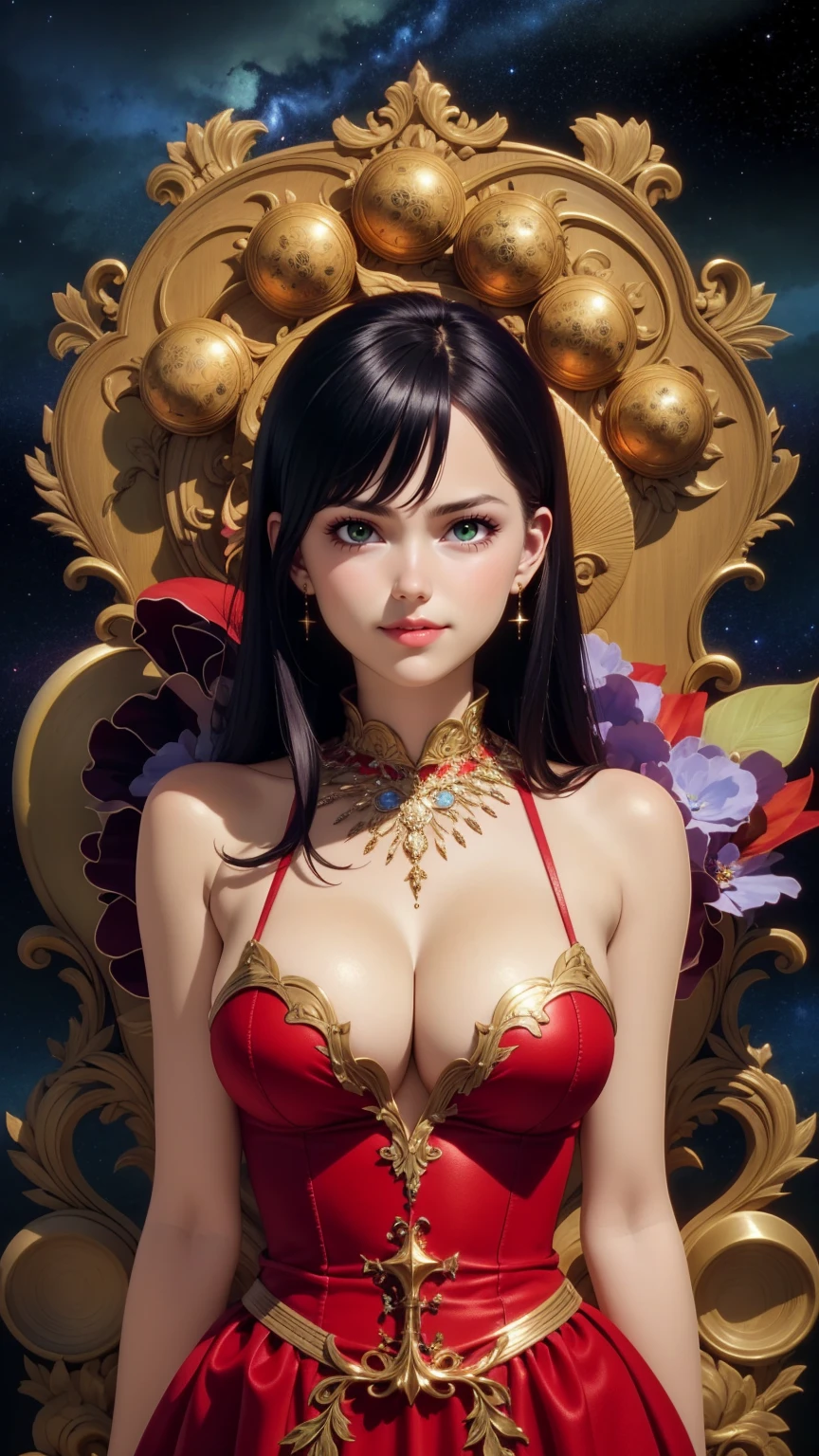 An exceptional pretty female, detailed steampunk red dress, cleavage, fantasy, floral, (symmetrical composition:1.25), (outstanding composition, masterpiece:1.4), (aesthetic:1.2), perfect composition, intricate details, ultra-detailed, night, starry sky, (sky background:1.5), line art style