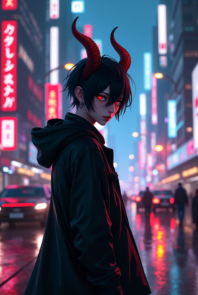 Devil anime boy in city with neon with traffic with assistant