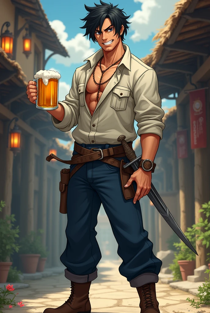 short black hair, wavy hair, tan, man, loose fitting clasp up shirt, baggy sleeves, leather boots, navy pants, piercing eyes, rapier at side, grumpy face, holding beer mug, big smile, twisted mustache, anime