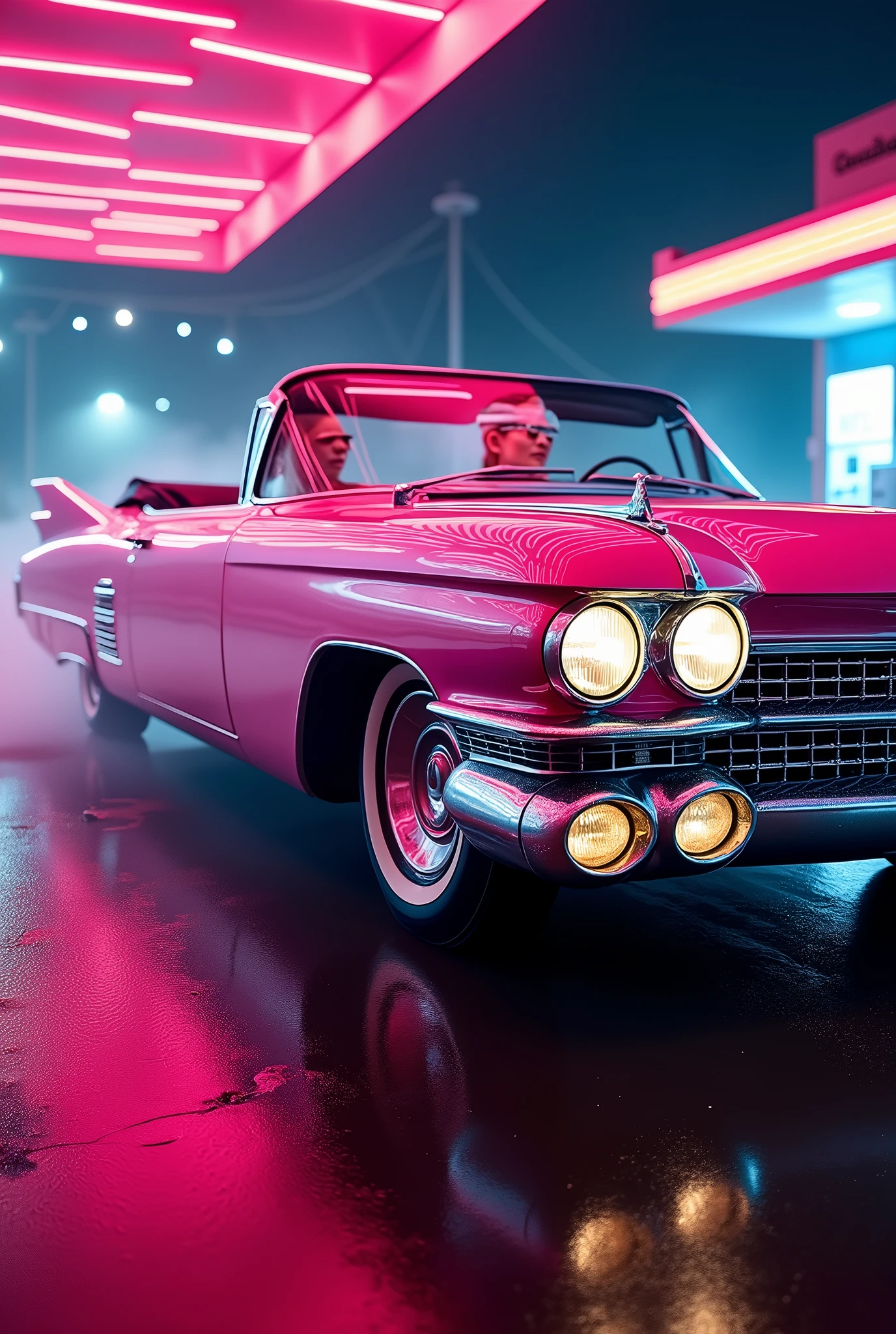 whole image, diagonal photo of a 1959 Cadillac Eldorado Biarritz convertible in shiny polished metal bright pink color, Long Tail, the painting reflects everything around it, cyberpunk style, surrounded by colorful neon light, roda grossa, Golden Wheel, Detalhes em dourado, Woman in sunglasses driving, neon on car paint, reflective paint that reflects everything around it, detailed headlight, the car is running and skidding on the wet track, throwing water everywhere, very detailed headlight, as detailed as possible, hyper-realistic as realistic as possible, be&#39;to be&#39;this&#39;It&#39;s in a cyberpunk-style gas station with pink and blue neon lights everywhere,  best qualityer, CRU, Masterpiece artwork, super fine photo, best qualityer, super high resolution, photorrealistic, solar lighting, framing the entire car in the photo, stunningly beautiful,, dynamic poses, the car is complete in the image