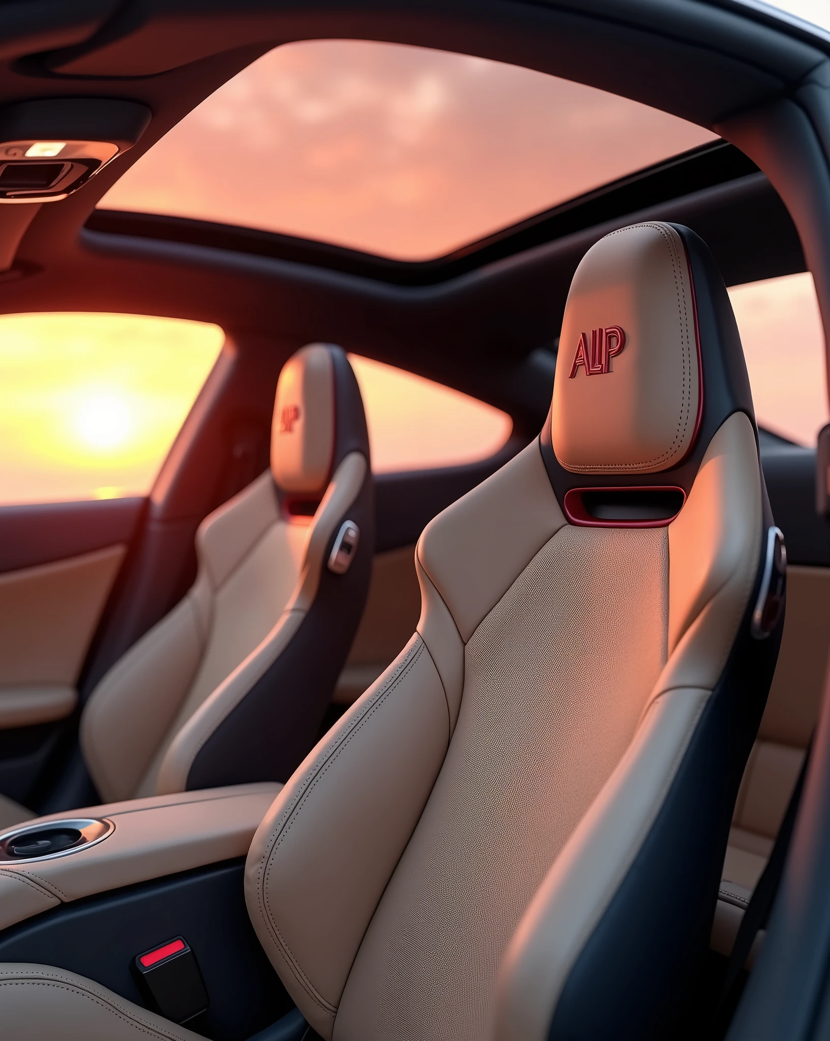 Camera view at 3/4 angle (45 degrees). Highlights include the panoramic sunroof, interior design and sports seats in beige synthetic leather with the initials “ALP” written in carmine red embroidery on the headrest. | Natural light with a magnificent pink-orange sunset in the outdoor environment. Infinity"