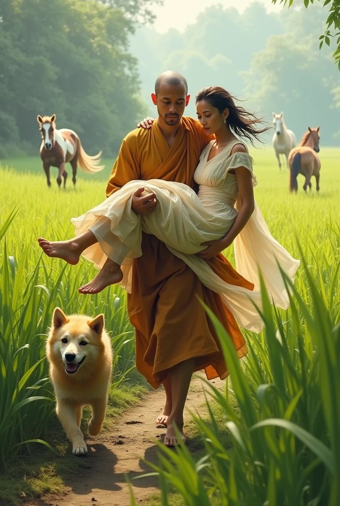 ((best quality)), ((Masterpiece)), (details), perfect face. A young monk carries a beautiful woman and runs after a dog in a rice field with a horse.
