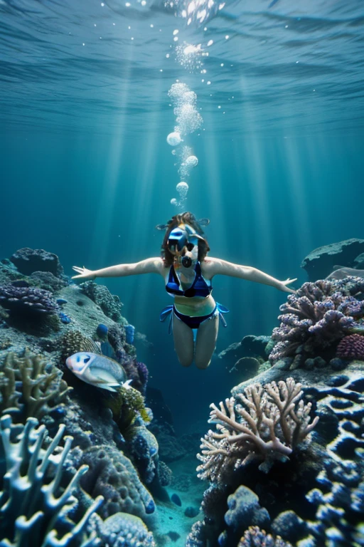 In the image, a person is underwater in clear blue ocean water, wearing a blue bikini top. They have goggles on their head, and their dark hair is flowing freely in the water. The sunlight penetrates the surface, creating a shimmering pattern on their skin and the ocean floor visible below. The scene evokes a sense of tranquility and leisure, capturing a moment of underwater exploration in a serene marine environment. Small fish can be seen swimming around, adding to the beauty and vibrancy of the underwater scene.