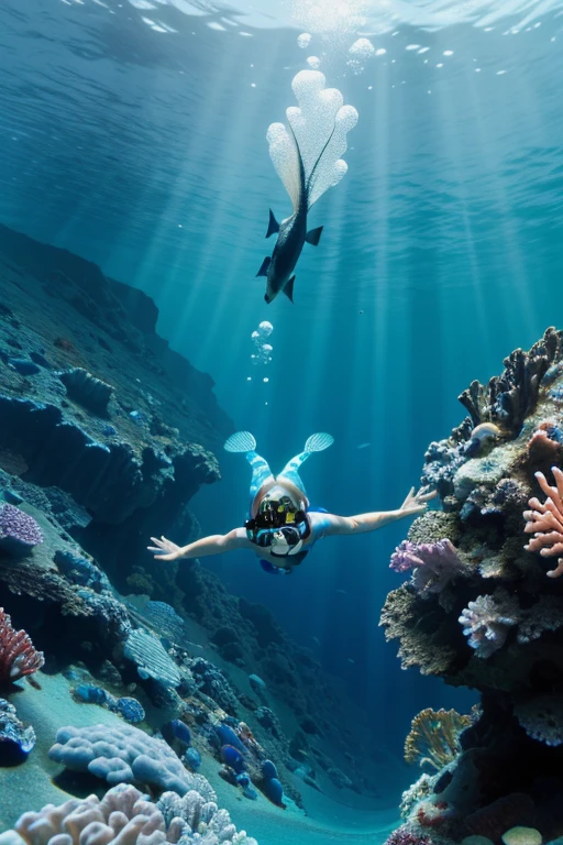 In the image, a person is underwater in clear blue ocean water, wearing a blue bikini top. They have goggles on their head, and their dark hair is flowing freely in the water. The sunlight penetrates the surface, creating a shimmering pattern on their skin and the ocean floor visible below. The scene evokes a sense of tranquility and leisure, capturing a moment of underwater exploration in a serene marine environment. Small fish can be seen swimming around, adding to the beauty and vibrancy of the underwater scene.