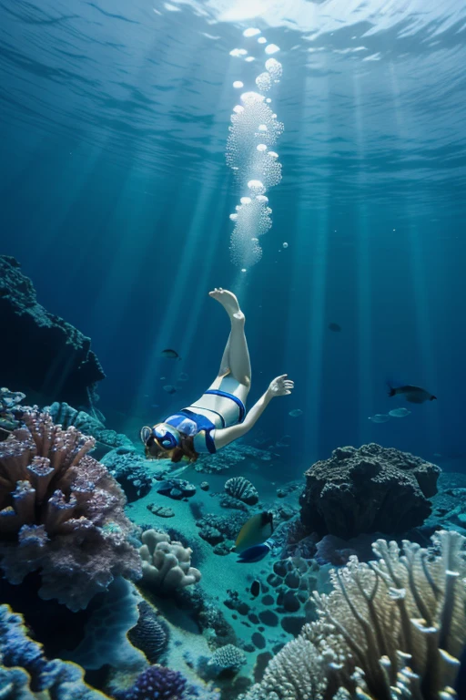 In the image, a person is underwater in clear blue ocean water, wearing a blue bikini top. They have goggles on their head, and their dark hair is flowing freely in the water. The sunlight penetrates the surface, creating a shimmering pattern on their skin and the ocean floor visible below. The scene evokes a sense of tranquility and leisure, capturing a moment of underwater exploration in a serene marine environment. Small fish can be seen swimming around, adding to the beauty and vibrancy of the underwater scene.