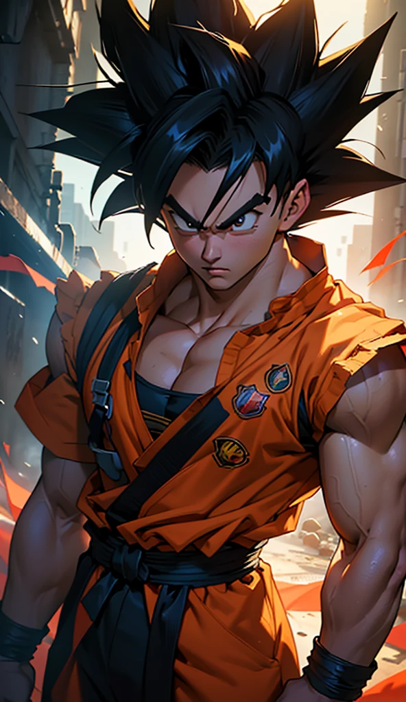 1 boy with spiky black hair, muscular, wearing orange gi uniform, powerful energy aura, dramatic lighting, detailed facial features, cinematic composition, (best quality,8k,highres,masterpiece:1.2),ultra-detailed,(realistic,photorealistic,photo-realistic:1.37),HDR,UHD,studio lighting,ultra-fine painting,sharp focus,physically-based rendering,extreme detail description,professional,vivid colors,bokeh,anime,concept artists,dramatic chiaroscuro lighting,epic cinematic style,akira toriyama art style,dragon ball super,dragon ball z,dragon ball anime,goku,son goku,anime character,digital art,concept art