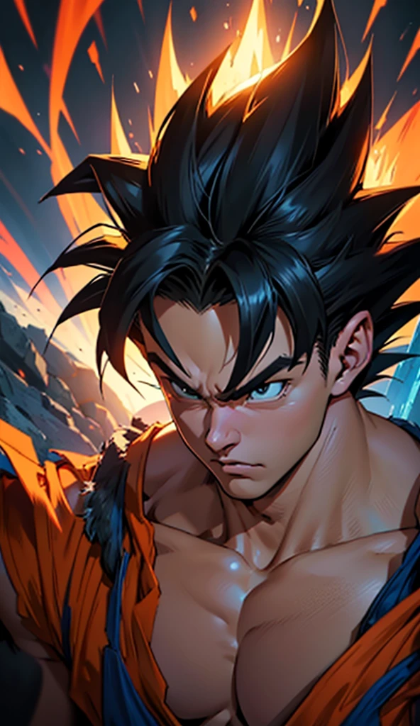 1 boy with spiky black hair, muscular, wearing orange gi uniform, powerful energy aura, dramatic lighting, detailed facial features, cinematic composition, (best quality,8k,highres,masterpiece:1.2),ultra-detailed,(realistic,photorealistic,photo-realistic:1.37),HDR,UHD,studio lighting,ultra-fine painting,sharp focus,physically-based rendering,extreme detail description,professional,vivid colors,bokeh,anime,concept artists,dramatic chiaroscuro lighting,epic cinematic style,akira toriyama art style,dragon ball super,dragon ball z,dragon ball anime,goku,son goku,anime character,digital art,concept art