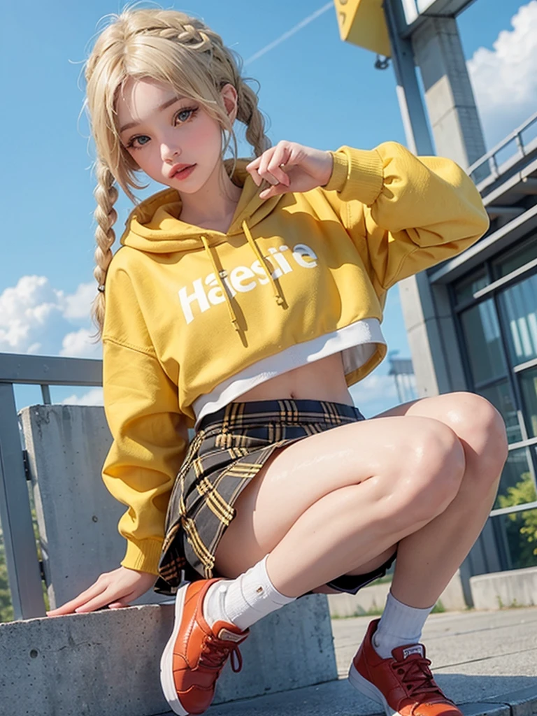 girl. Blonde hair in short braids. Cropped hoodie in yellow. red checkered mini skirt. knee socks.sweet. happy