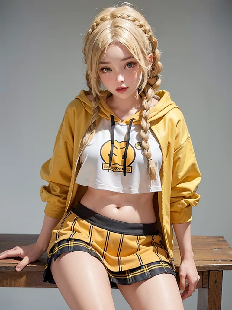 girl. Blonde hair in short braids. Cropped hoodie in yellow. red checkered mini skirt. knee socks.sweet. happy