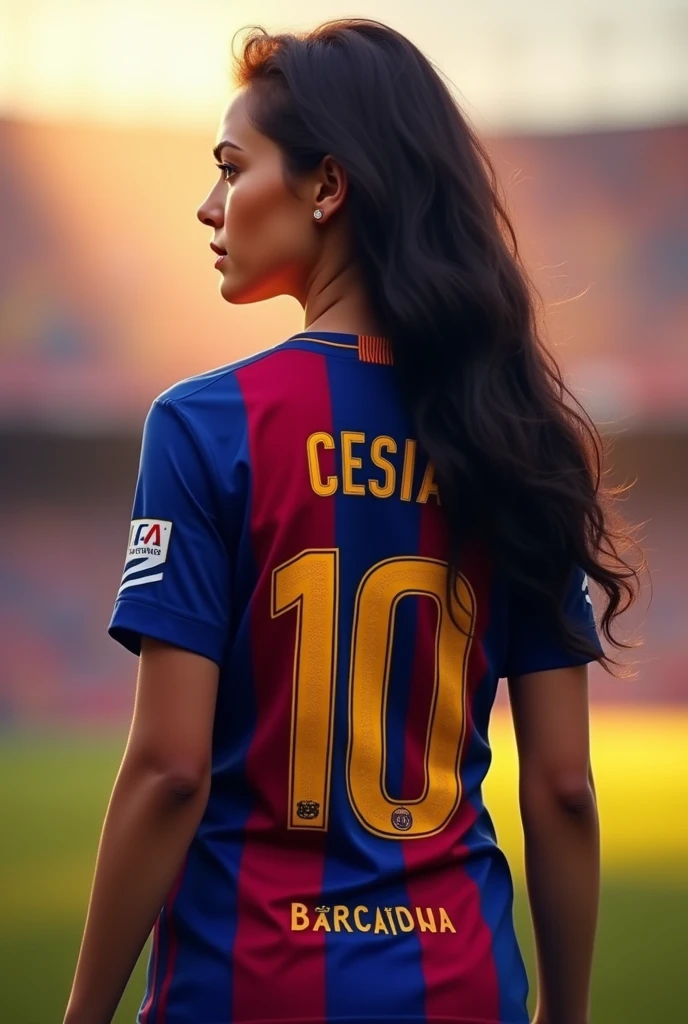 Pretty girl from behind wearing a Barça shirt with the name Cesia and number 10