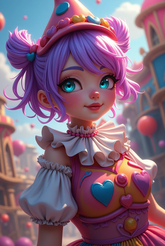 Describe a female character with purple and pink hair and bright blue eyes and wearing a clown outfit