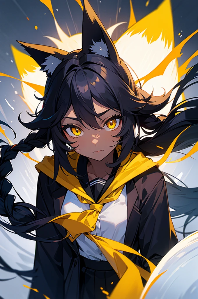 fox woman, fishtail braid hair, black hair, black skin, yellow eyes, school uniform, feeling face, tall