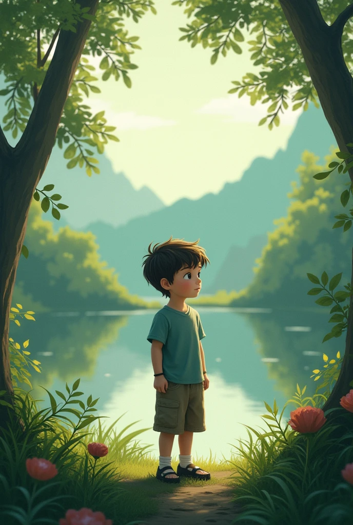 Thought minded boy stand in nature place