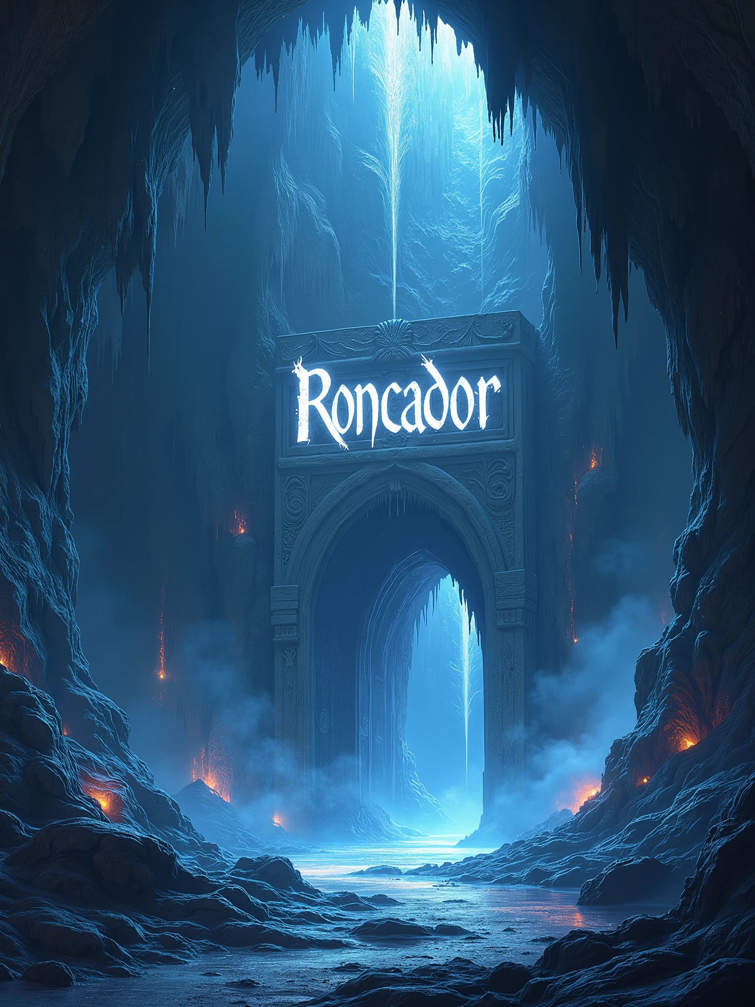 **Prompt:** *Create a mystical cave scene labeled "Roncador" at the entrance. The cave is large and mysterious, with towering stalactites and stalagmites illuminated by an ethereal glow. The word "Roncador" is carved into the rock above the entrance in ancient, glowing script. Inside, the cave is filled with shimmering crystals that emit soft light, casting reflections on the walls. Wisps of mist float through the air, adding to the enigmatic atmosphere. The cave should feel ancient and magical, with deep shadows and a palette of dark blues, purples, and glowing whites to enhance the mystical ambiance.*