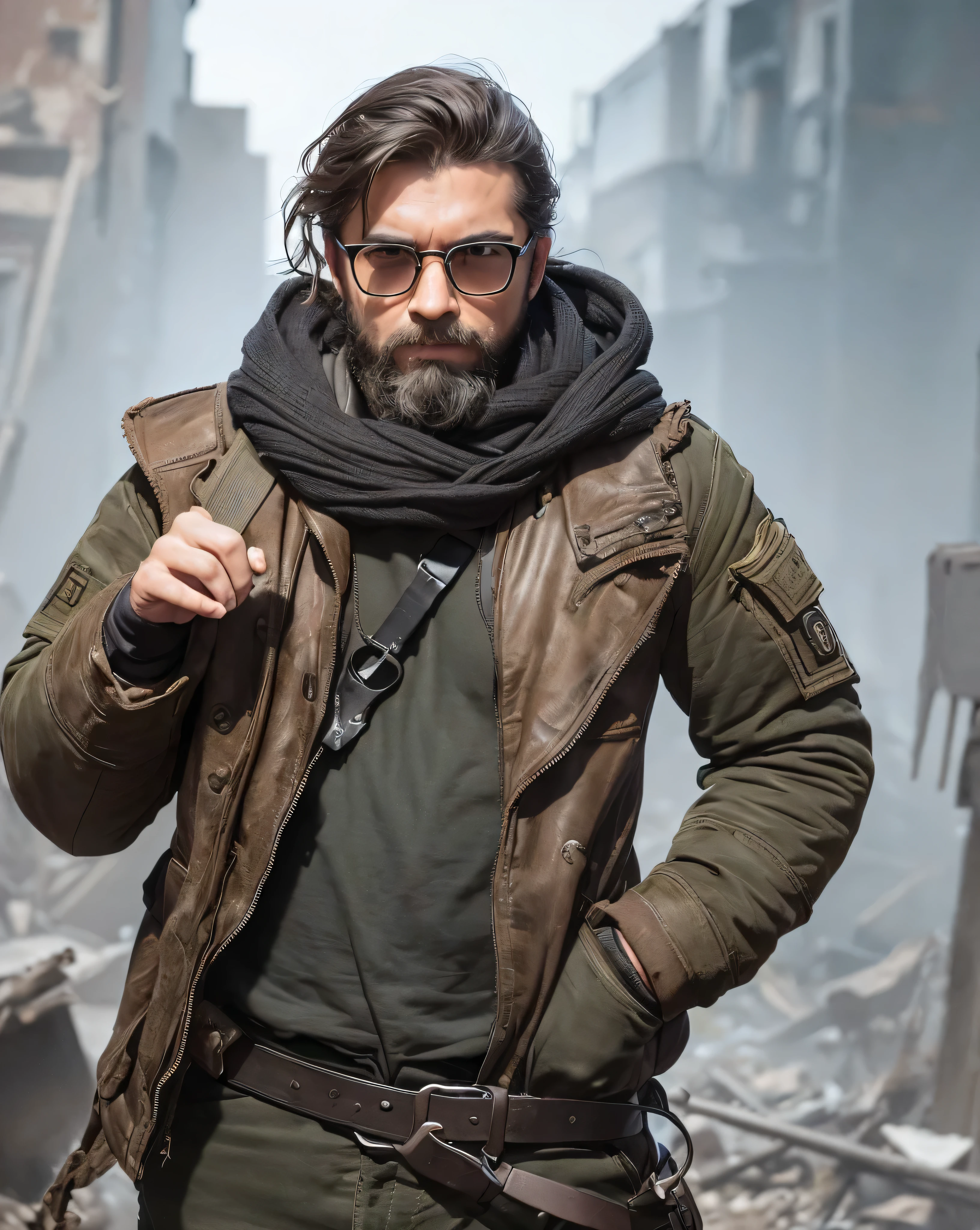 ((16k alto detalhe cru))=>1.37, ((Scenes of post-apocalyptic devastation)=>1.2 Pele_true clouse-up upper body of a Pivalora glasses and beard, Torn military jacket Pivalora advances through the Earth), causing chaos and destruction (Madmax: 0.9) arte de Carne Griffiths e Wadim Kashin, trending on ArtStation, foco nítido, altamente detalhado (perfeito_Hands) (perfeito_Dedos) estilo Fujifilm XT3