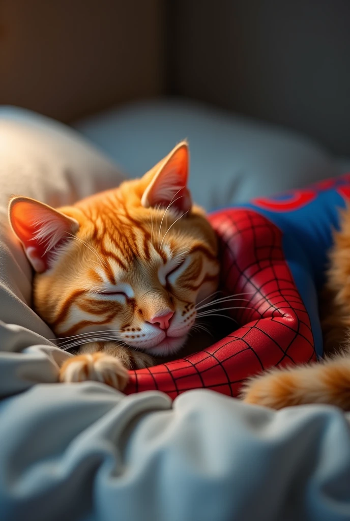 the ginger cat sleeping on the bed and looking in dream spider man costume wearing ginger cat