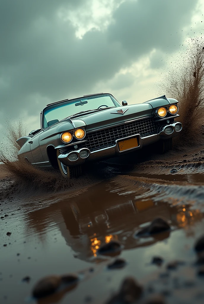 diagonal shot of a 1959 Cadillac Eldorado Biarritz convertible skidding in the mud