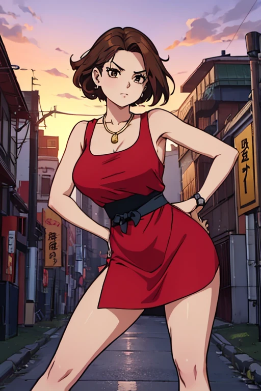 Highest quality、Ultra HD、One Woman、(Long brown hair 1.3)、(red dress 1.3)、(White Heels 1.1)、(Thigh 1.2)、((Shoot a gun 1.2))、(Red Ribbon 1.2)、(Beautiful face like a Japanese actress 1.2)、(Gold Necklace)、(Watch on left wrist)、Adult women、Slender body、((Large Breasts))、(Sunset city background 1.2)、((Clear and beautiful touch))