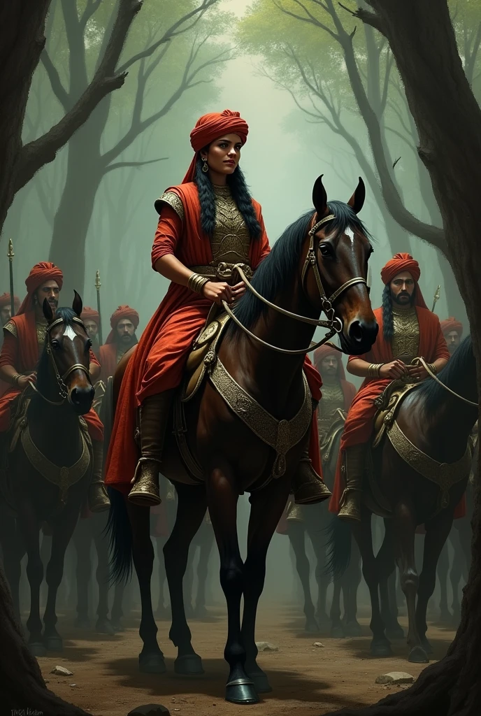 Rani Lakshmibai disguised as a male warrior, wearing a turban and traditional warrior attire, riding a horse in the middle of a dense forest. Her posture is strong and commanding, with a sword attached to her waist. She blends in with her male soldiers, who are unaware of her true identity. The forest is dimly lit, adding a sense of secrecy and strategy to the scene."