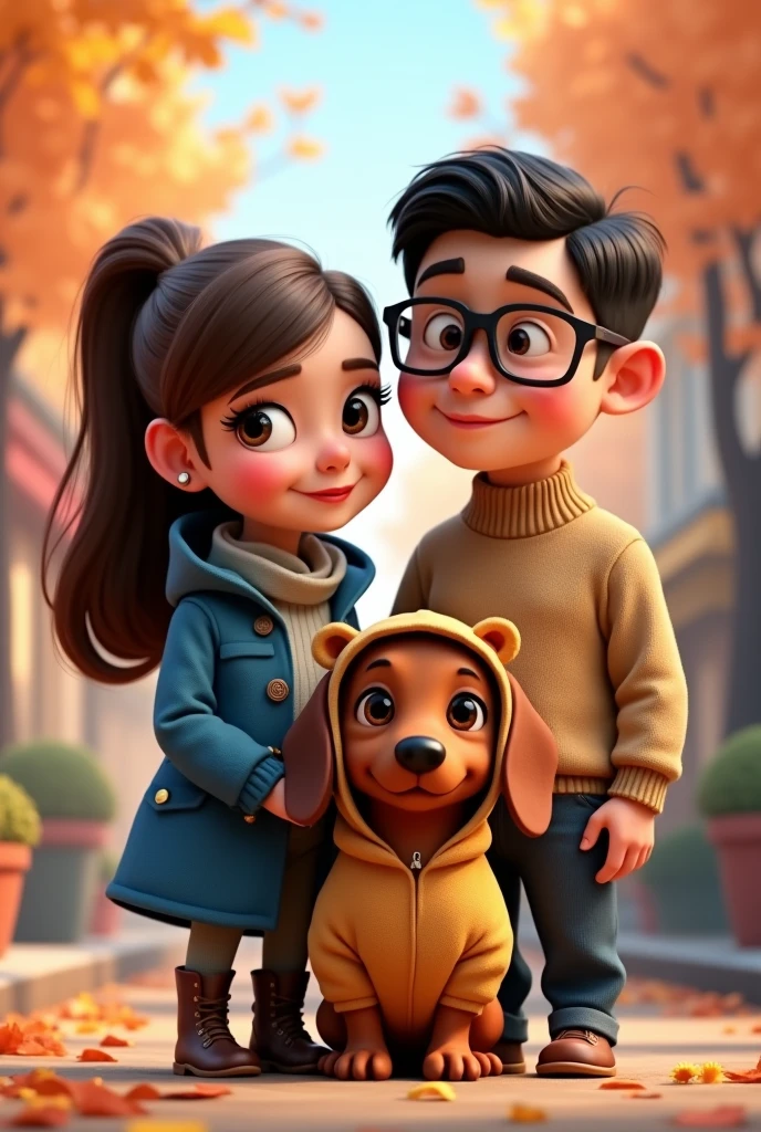 Pixar-style poster of a married couple, a lady with a triangular face and long straight brown hair, with a ponytail hairstyle, brown eyes with an elegant blue jacket a little chubby 50 years old a black haired gentleman, chubby with rectangular glasses, with a light brown sweater and a dachshund in a lion suit