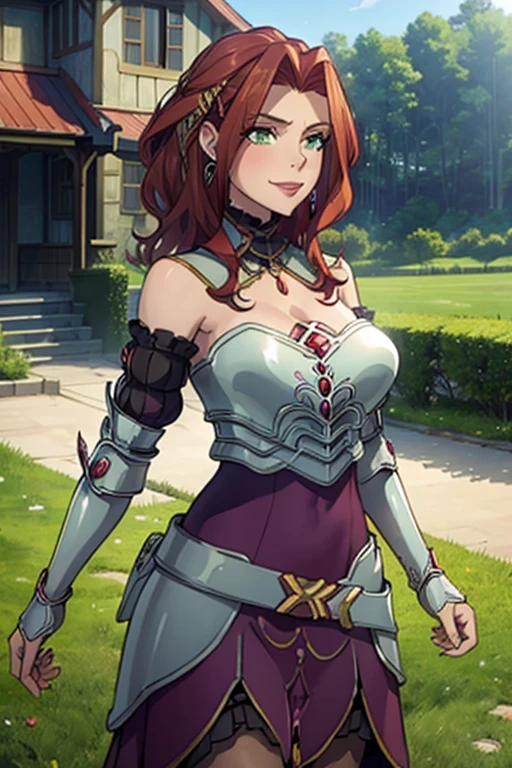 (masterpiece, Best Quality:1.4), looking at the viewer, cowboy shot, affected smile, malty melromarc, Red hair, by the wide, green eyes, exposed cleavage, big breasts, big breasts, hair ornament, earrings, jewelry, armor, armored dress, dress, separate sleeves, breastplate, purple skirt, belt, outdoor, grass, on a spaceship in space, big breasts, huge breasts, giant breasts