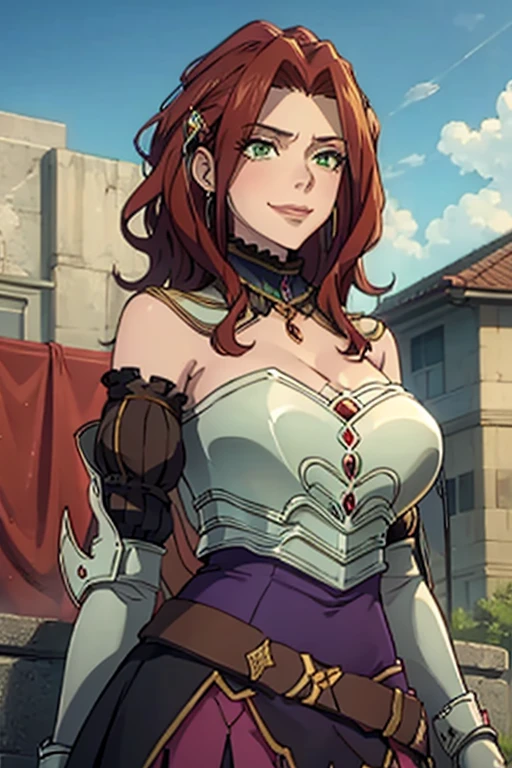 (masterpiece, Best Quality:1.4), looking at the viewer, cowboy shot, affected smile, malty melromarc, Red hair, by the wide, green eyes, exposed cleavage, big breasts, big breasts, hair ornament, earrings, jewelry, armor, armored dress, dress, separate sleeves, breastplate, purple skirt, belt, outdoor, grass, on a spaceship in space, big breasts, huge breasts, giant breasts