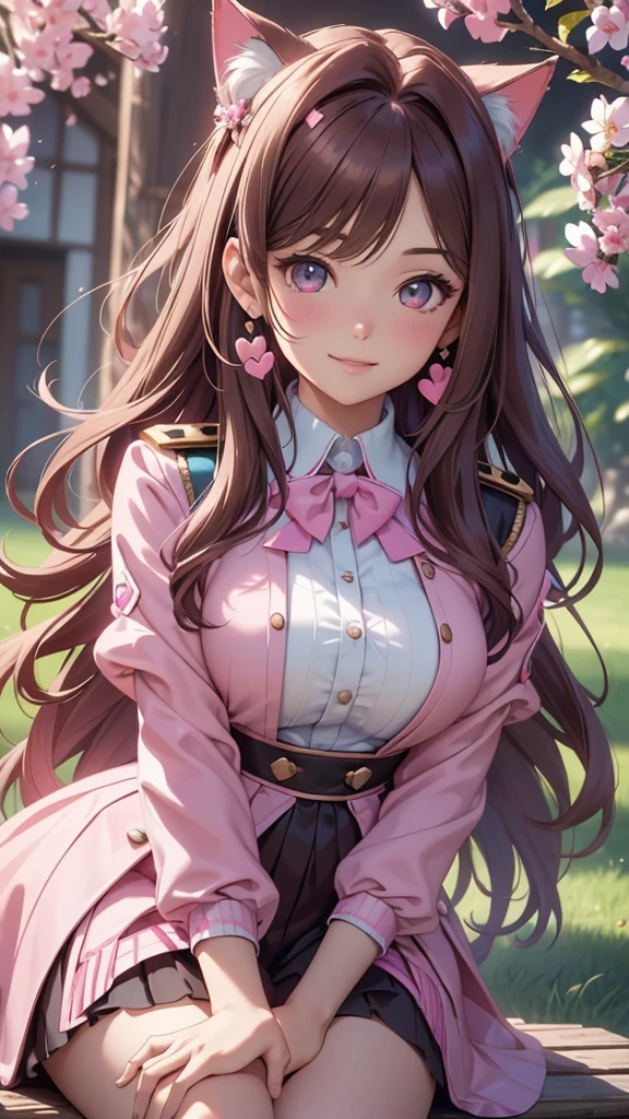 (best quality,4k,8k,highres,masterpiece:1.2),ultra-detailed,(realistic,photorealistic,photo-realistic:1.37),acrylic painting,beautiful Brazilian model in a uniform outfit with downy hair,beautiful Brazilian model with extremely colorful brown hair and detailed facial features,beautiful Brazilian model standing in a beautiful garden sakura flowers, long hair,cat ears, hair bows, uniform pink and teal outfits, smile, happy face, brown pink hair, hearts, sitting down, mature woman, brown eye color