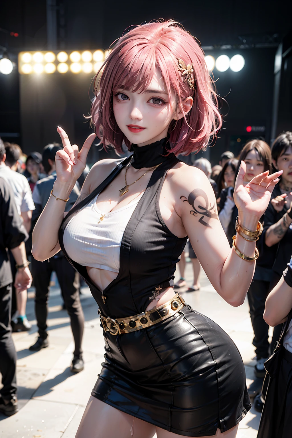 1Women, early 20s, fashion model, short silky pink hair, gold armlet, gold bracelet, golden eyes, happy, satisfied smile, golden cross necklace, shiny skin, Big breast, jewellery, wet, Tattoo. Sweating, tattooed. Sweat, sweaty, fashion clothes, sleeveless sweater, short skirt, Tattoos. Long gloves, tighhighs. Audience, fashion show, stage, crowd, bystanders, watching, money, dollars, bills, nightclub, in public. everybody watching, party, in between crowd, Looking at camera.