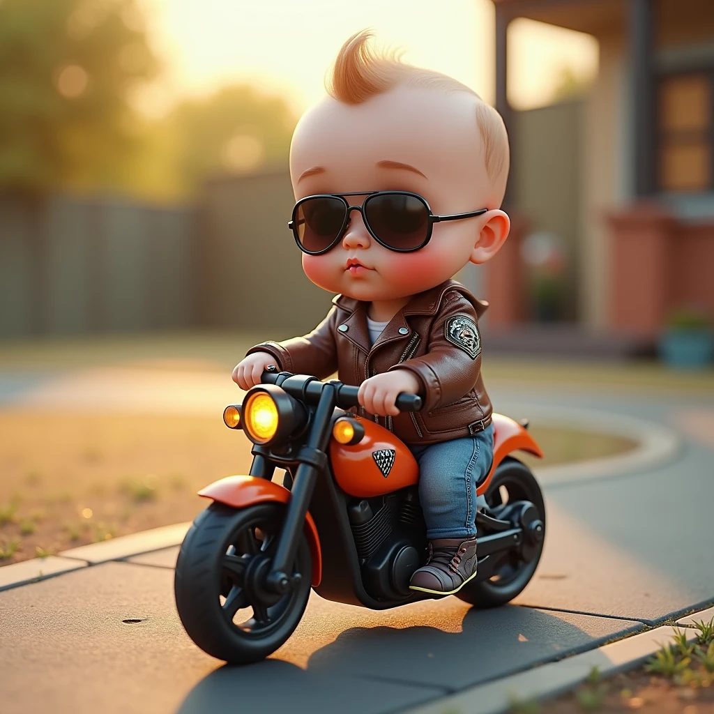 バイクに乗っているイケイケ赤ちゃん: "A hyper-realistic image of a baby wearing tiny aviator sunglasses, sitting confidently on a miniature toy motorcycle. The baby is dressed in a mini leather jacket with patches, giving off a rebellious vibe. The background is a sunny backyard with a mini race track, emphasizing the fun and adventurous spirit."