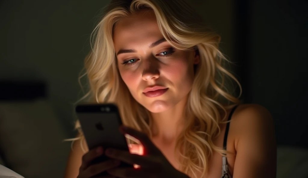 Take me a picture with a blonde woman with a sexy face looking at her phone