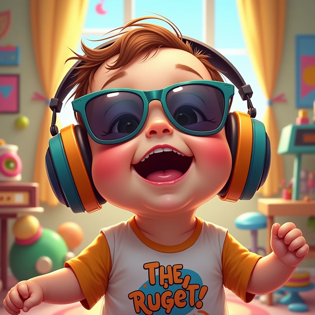 A cool wearing headphones and enjoying music: "A highly detailed close-up illustration of a babyh chubby cheeks, wearing oversized, reflective sunglasses and large, colorful headphones. The baby is ing along to the beat with a big smile, dressed in a cool graphic tee. The background is a colorful playroom filled with toys and music posters, adding to the energetic and joyful atmosphere."