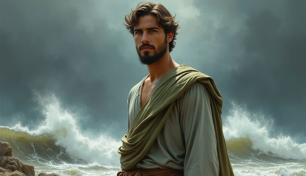 A male Stoic philosopher, around 2, with a well-proportioned and attractive physique, not excessively muscular, and slightly tanned skin. He is wearing classic tunics, slightly transparent, in soft earthy tones—gray and olive green—with subtle gold or copper details, that gently drape over the body, subtly revealing his shoulder. The philosopher stands in a serene environment with a stormy backdrop, symbolizing internal and external turmoil. His calm and focused expression reflects his control over his response to the storm. The scene is painted in an impressionist style, with dramatic brushstrokes capturing the turbulent contrast between the philosopher’s calm and the surrounding storm. His face shows calm determination, emphasizing the control over personal response amidst adversity.
