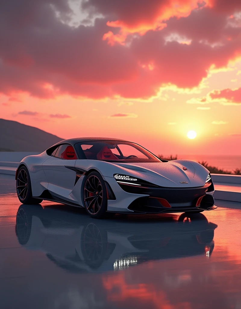 Camera view in 3/4 angle (45 degrees). Highlights include the panoramic sunroof, interior design and sports seats in beige synthetic leather with the initials “ALP” written in carmine red embroidery on the headrest. | Natural light with a magnificent pink-orange sunset in the outdoor environment.  Infinity"   