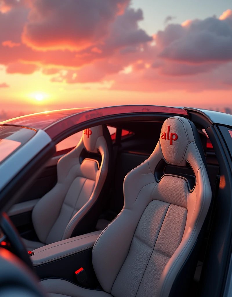 Camera view in 3/4 angle (45 degrees). Highlights include the panoramic sunroof, interior design and sports seats in beige synthetic leather with the initials “ALP” written in carmine red embroidery on the headrest. | Natural light with a magnificent pink-orange sunset in the outdoor environment.  Infinity"   