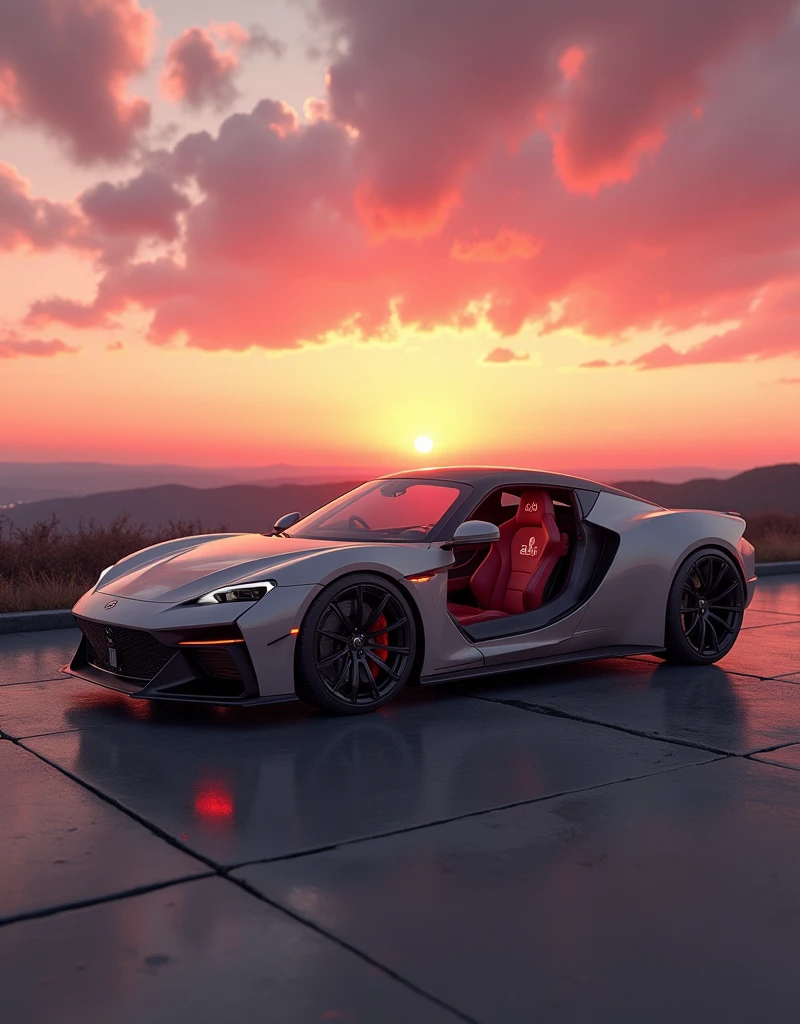 Camera view in 3/4 angle (45 degrees). Highlights include the panoramic sunroof, interior design and sports seats in beige synthetic leather with the initials “ALP” written in carmine red embroidery on the headrest. | Natural light with a magnificent pink-orange sunset in the outdoor environment. Infinity"