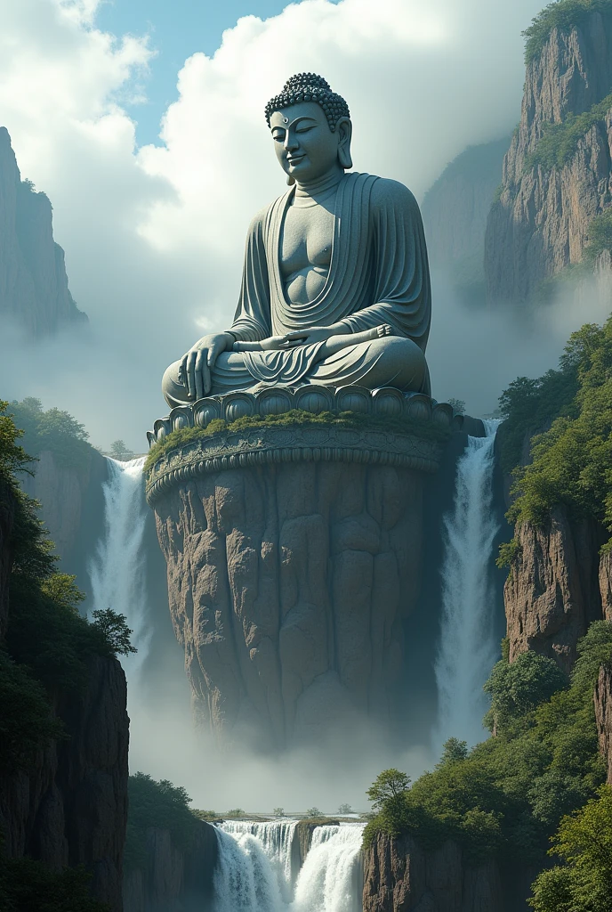 (Photorealism:1.2), Zoomed-out image of a large ancient Buddha statue on a mountain wall., Between the waterfalls, Surrounded by clouds, view, movie light