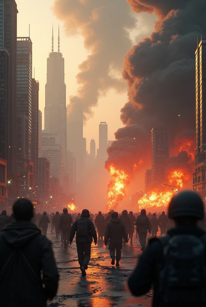 Create for me a war scenario bombs falling everywhere in a scenario of an attack on a big city people running desperately movie scene with the greatest possible reality