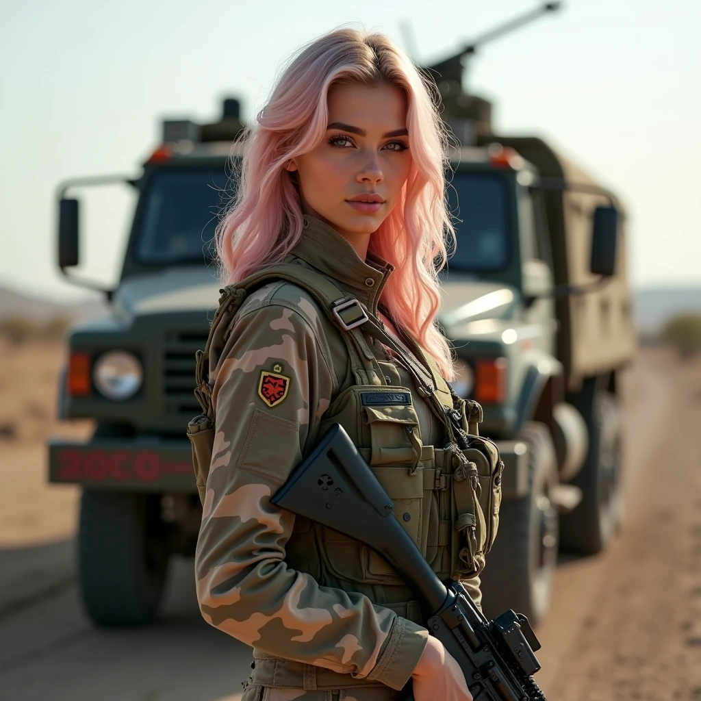 Alafed truck with gun on back, Afghan fighters, russian special forces, heavily armed, Taliban, Kurdish soldiers, heavily armored, military vehicle, military weapons, military equipment, truck, camouflage, special forces security, modern military equipment, carrying rifle, gun mounted on shoulder, gun posing in front of truck, curvy waist , A blonde female soldier, extremely fair ,(hair dyed pink)((masterpiece, highest quality, Highest image quality, High resolution, photorealistic, Raw photo, 8K)), ((Extremely detailed CG unified 8k wallpaper)), (huge stunning goddess shot, very hot and sexy, jaw-dropping beauty, perfect proportions, beautiful body, slim body beauty:1.4),