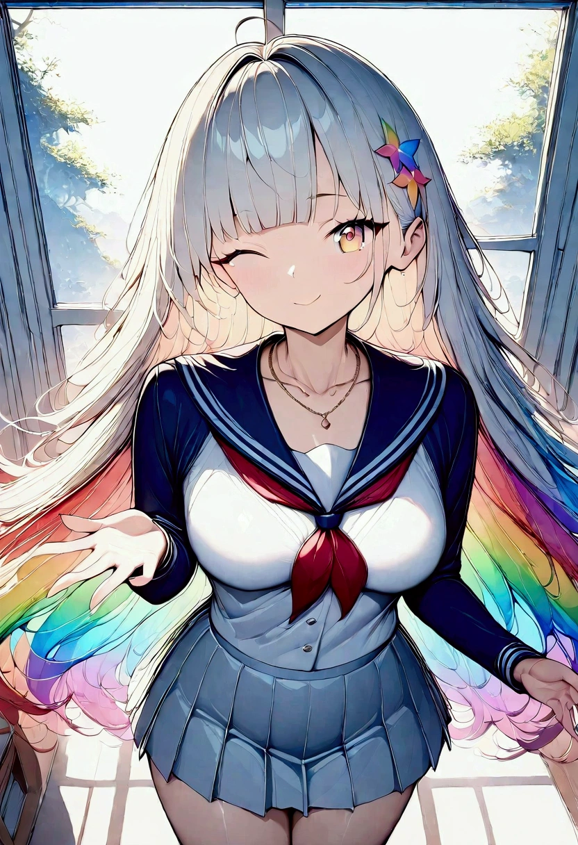 (((anime))) A woman winking,Cutesy,student,Short,Long Hair,Fluffy long hair,(Rainbow Hair),Oblique bangs,necklace,Yellow Eyes,Big eyes Sailor suit,mini skirt,classroom,Light pours in through the window,sunlight,masterpiece,Highest quality,Exquisite,8k,Absurd,Ultra-fine illustrations,(View your audience)