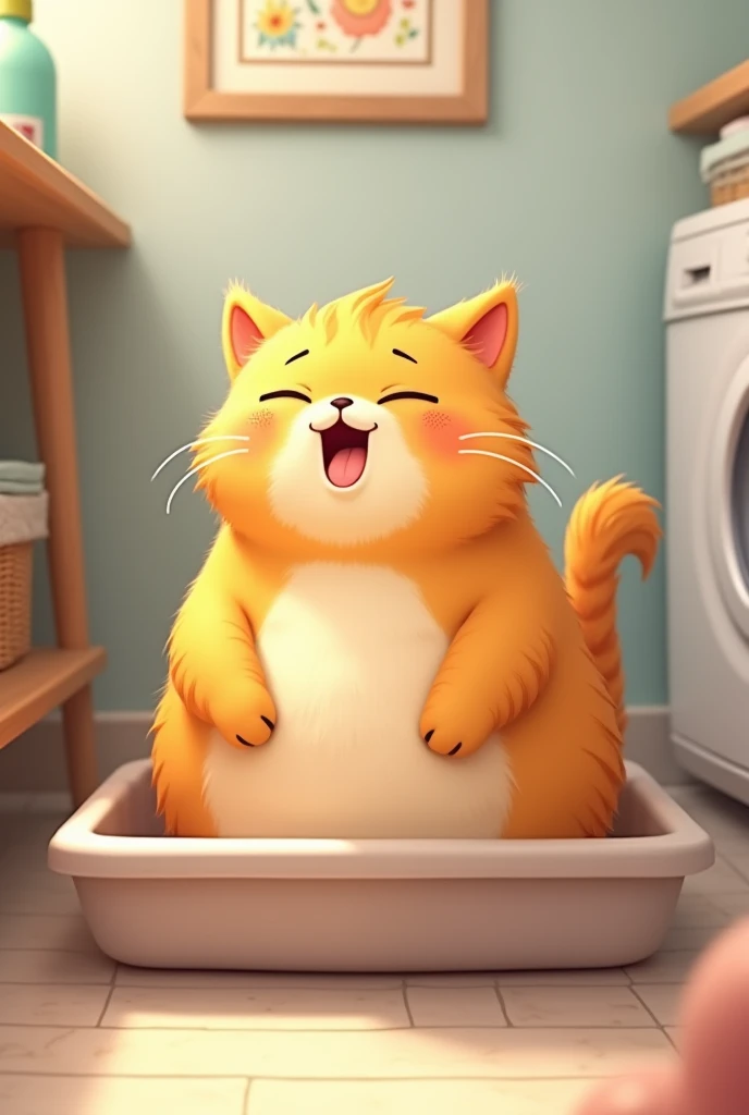 Happy cat using litter box