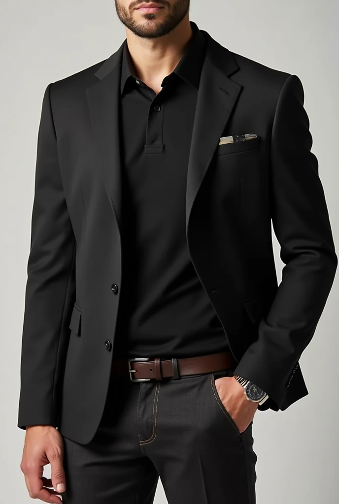 Create a clothing combination for a black polo shirt for men, with a combination with a jacket or jacket full body image, Polo shirt can be something casual