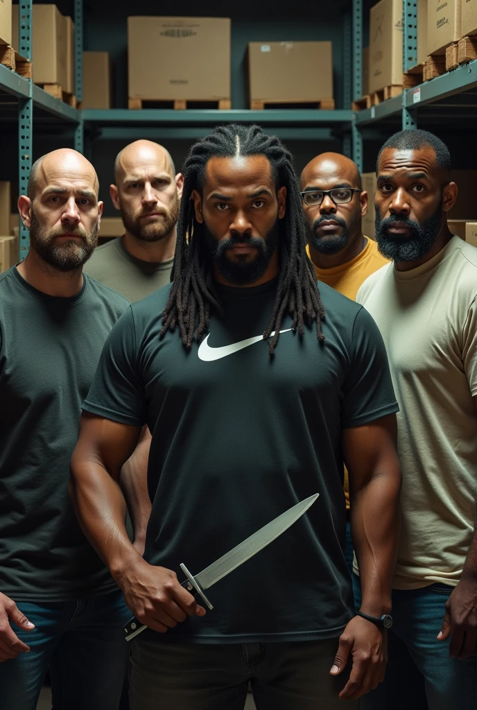 4 white men and just one mulatto looking at the camera with a knife in his hand ,being 1 bald bearded man , second one with glasses beard and nike shirt, third a tall bald white man without a beard with a Viking body, 40 years old ,the fourth a chubby bearded guy, quinto um mulato iqual will smit com cabelo nudreds, in the background of the image shelves and stock boxes